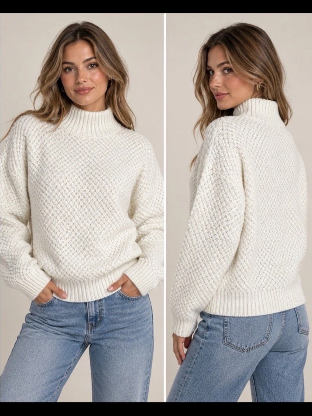 Source Unknown Cream Textured Mock-Neck Sweater